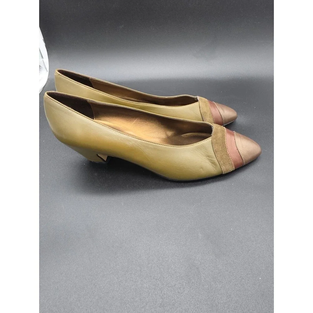 Vintage VANELI Leather Pumps Made in Italy Olive Green Multi Cap Toe Heels Sz7.5